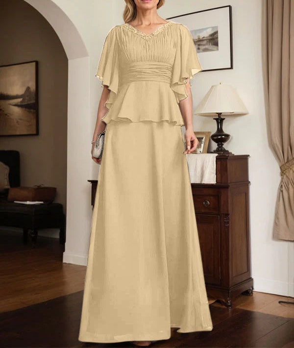 A-line V-Neck Floor-Length Chiffon Mother of the Bride Dress With Pleated Beading