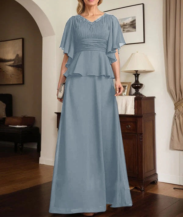 A-line V-Neck Floor-Length Chiffon Mother of the Bride Dress With Pleated Beading