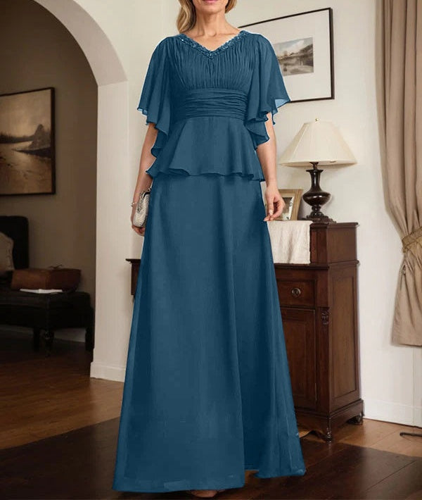 A-line V-Neck Floor-Length Chiffon Mother of the Bride Dress With Pleated Beading