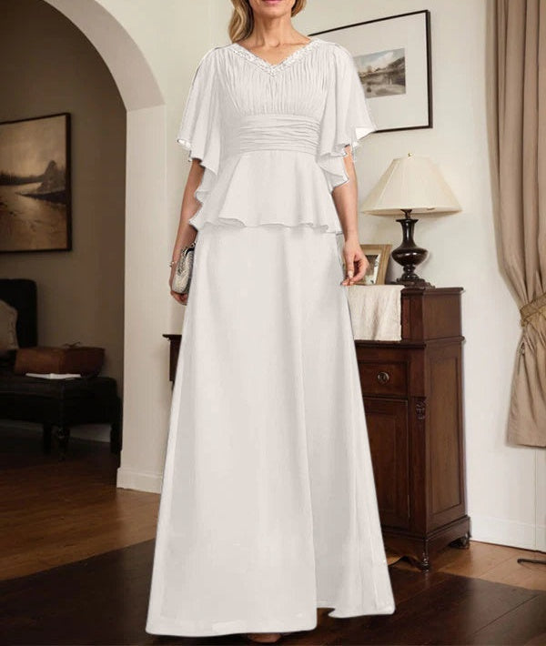 A-line V-Neck Floor-Length Chiffon Mother of the Bride Dress With Pleated Beading