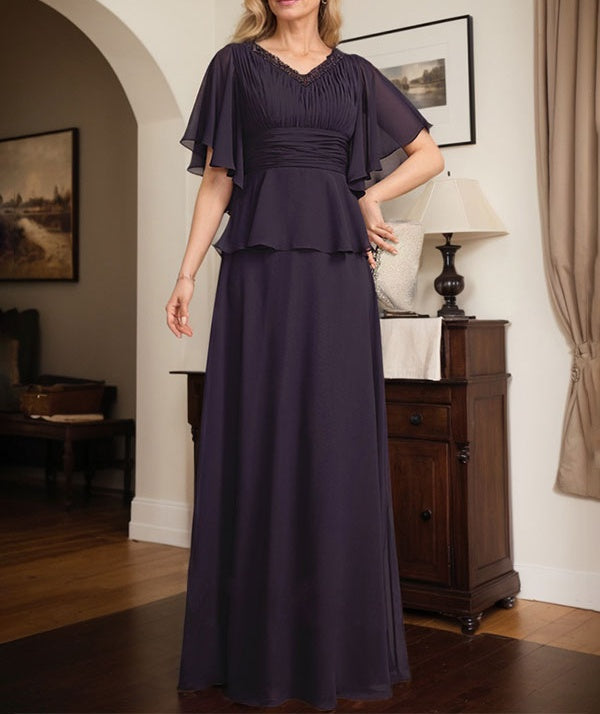 A-line V-Neck Floor-Length Chiffon Mother of the Bride Dress With Pleated Beading