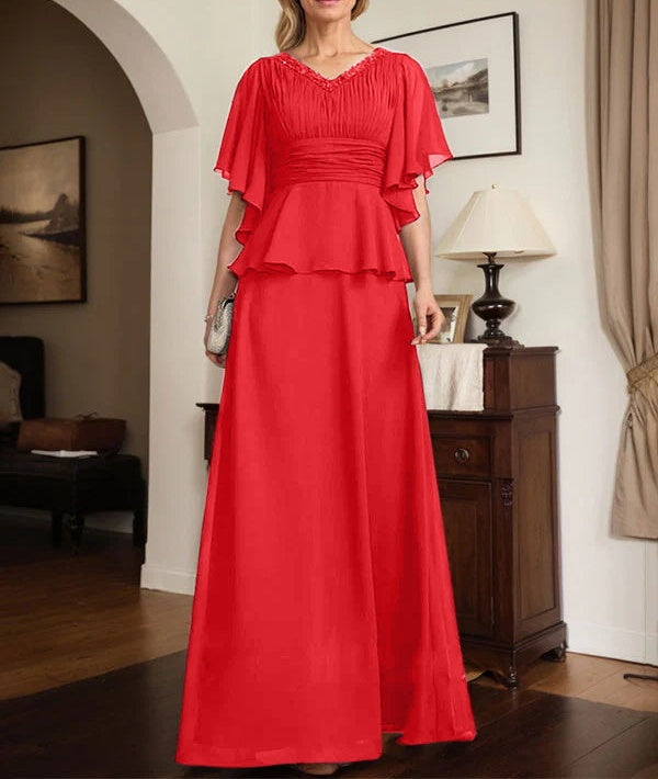 A-line V-Neck Floor-Length Chiffon Mother of the Bride Dress With Pleated Beading