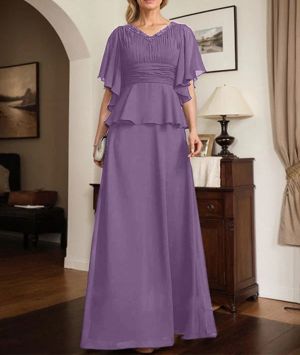 A-line V-Neck Floor-Length Chiffon Mother of the Bride Dress With Pleated Beading