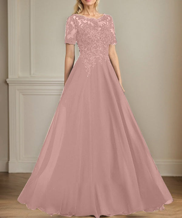 A-line Scoop Illusion Floor-Length Chiffon Lace Mother of the Bride Dress With Sequins Beading