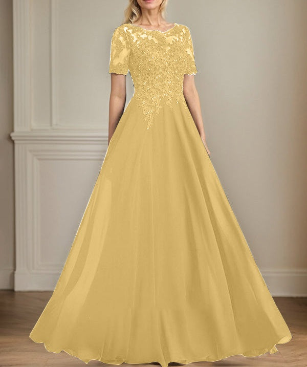 A-line Scoop Illusion Floor-Length Chiffon Lace Mother of the Bride Dress With Sequins Beading