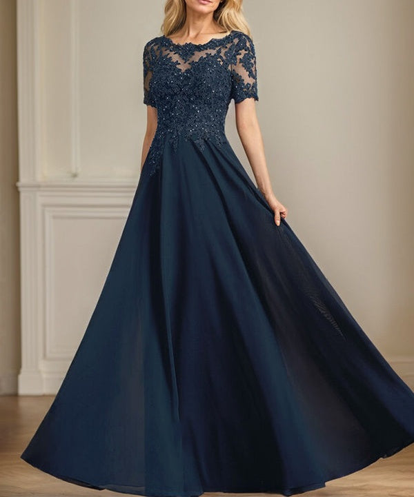 A-line Scoop Illusion Floor-Length Chiffon Lace Mother of the Bride Dress With Sequins Beading