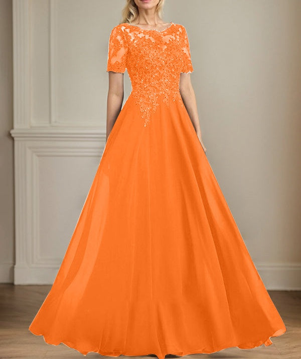 A-line Scoop Illusion Floor-Length Chiffon Lace Mother of the Bride Dress With Sequins Beading