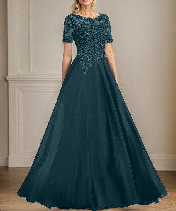A-line Scoop Illusion Floor-Length Chiffon Lace Mother of the Bride Dress With Sequins Beading