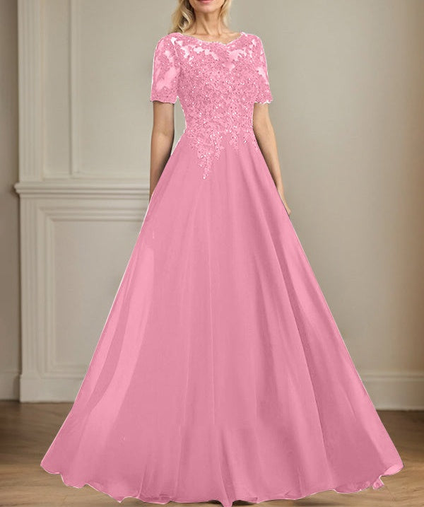 A-line Scoop Illusion Floor-Length Chiffon Lace Mother of the Bride Dress With Sequins Beading