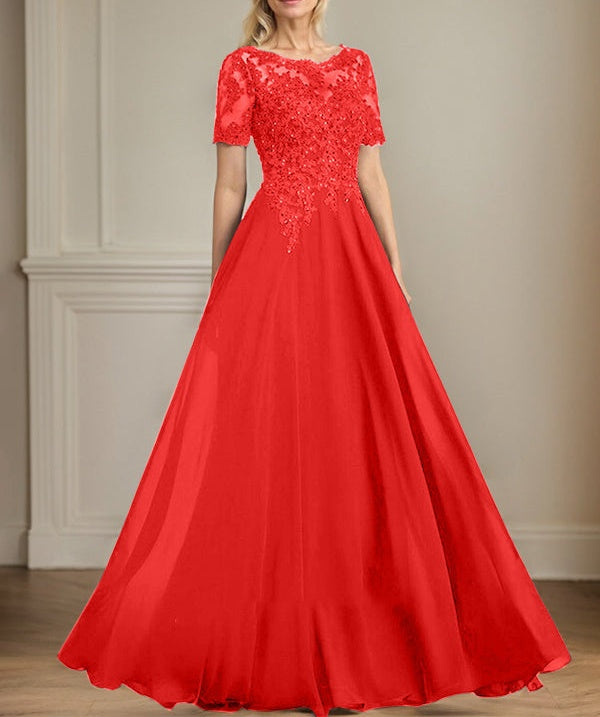 A-line Scoop Illusion Floor-Length Chiffon Lace Mother of the Bride Dress With Sequins Beading