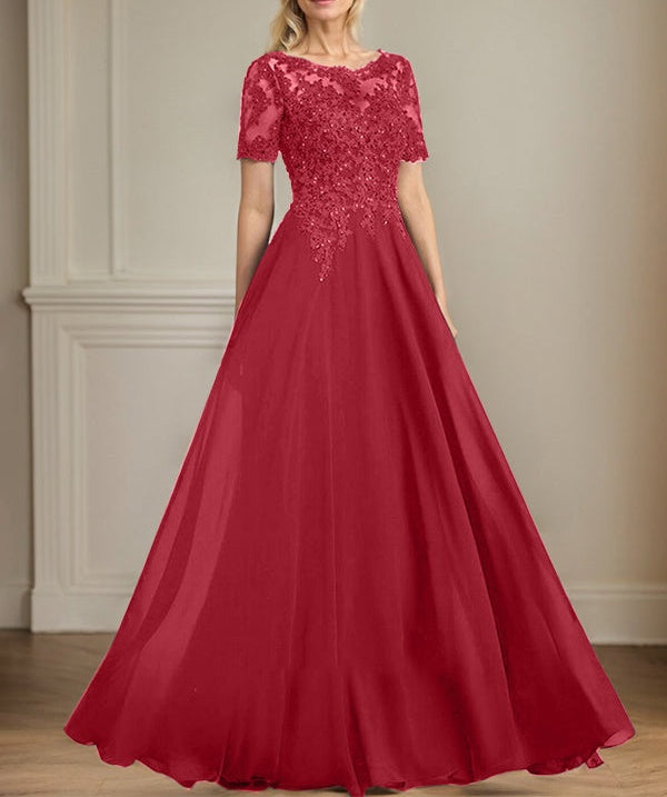 A-line Scoop Illusion Floor-Length Chiffon Lace Mother of the Bride Dress With Sequins Beading