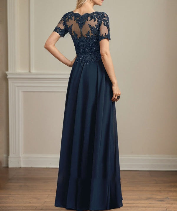 A-line Scoop Illusion Floor-Length Chiffon Lace Mother of the Bride Dress With Sequins Beading