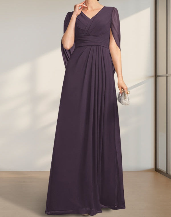 A-line V-Neck Floor-Length Chiffon Mother of the Bride Dress With Pleated