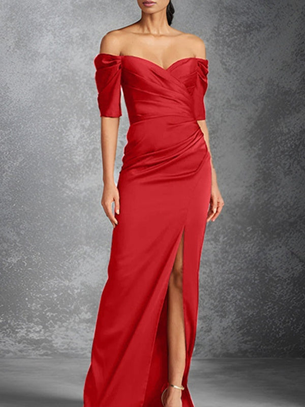 Sheath/Column Off-the-Shoulder Short Sleeves Floor-Length Mother of the Bride Dresses With Split Front