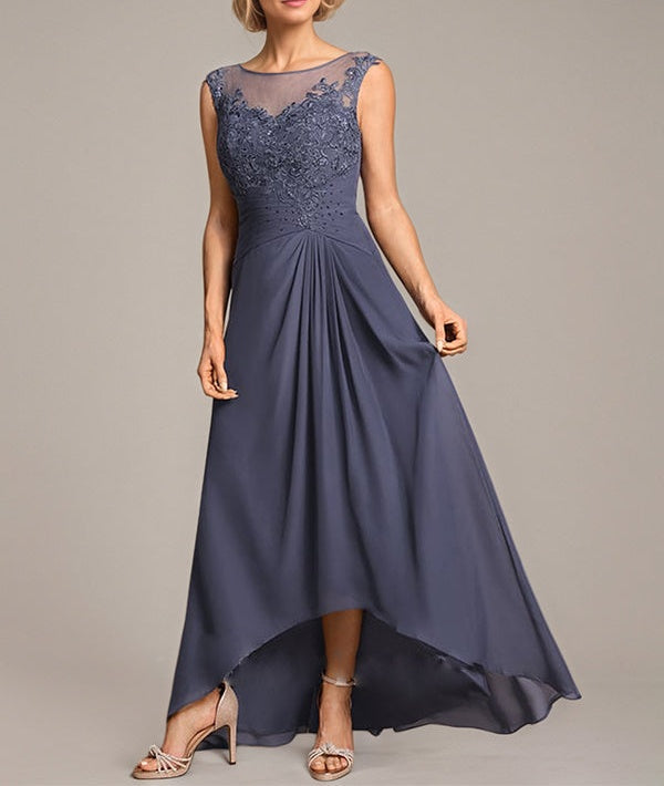A-line Scoop Illusion Asymmetrical Chiffon Lace Mother of the Bride Dress With Pleated Beading