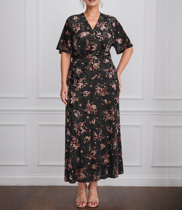 Vintage Plain V-Neck Short Sleeves Velvet Tea-Length Mother of the Bride Dress With Slit