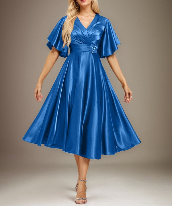A-line V-Neck Tea-Length Stretch Satin Mother of the Bride Dress With Beading Pleated