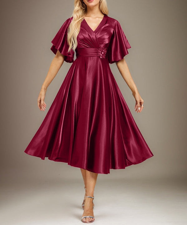 A-line V-Neck Tea-Length Stretch Satin Mother of the Bride Dress With Beading Pleated