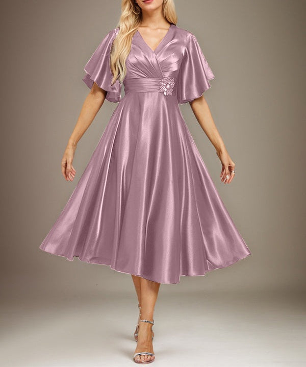 A-line V-Neck Tea-Length Stretch Satin Mother of the Bride Dress With Beading Pleated