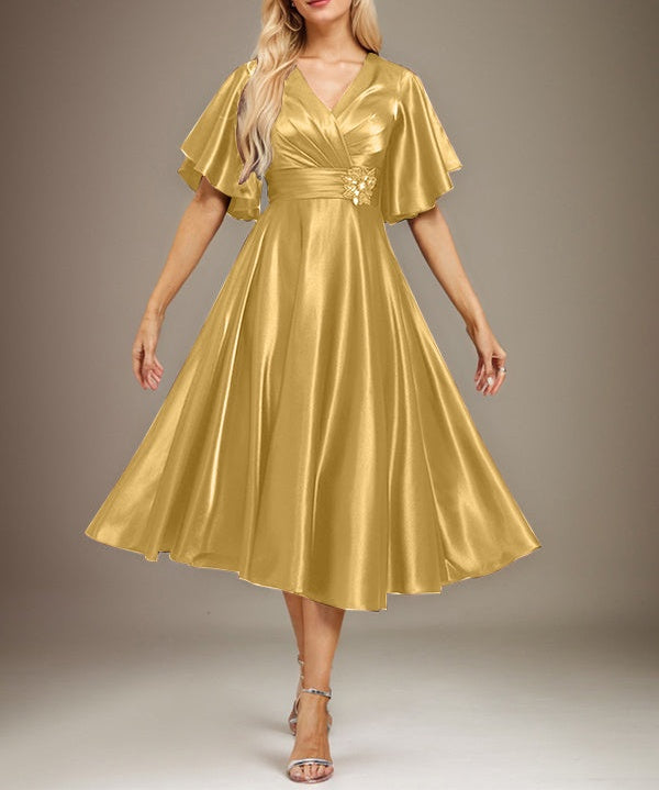 A-line V-Neck Tea-Length Stretch Satin Mother of the Bride Dress With Beading Pleated