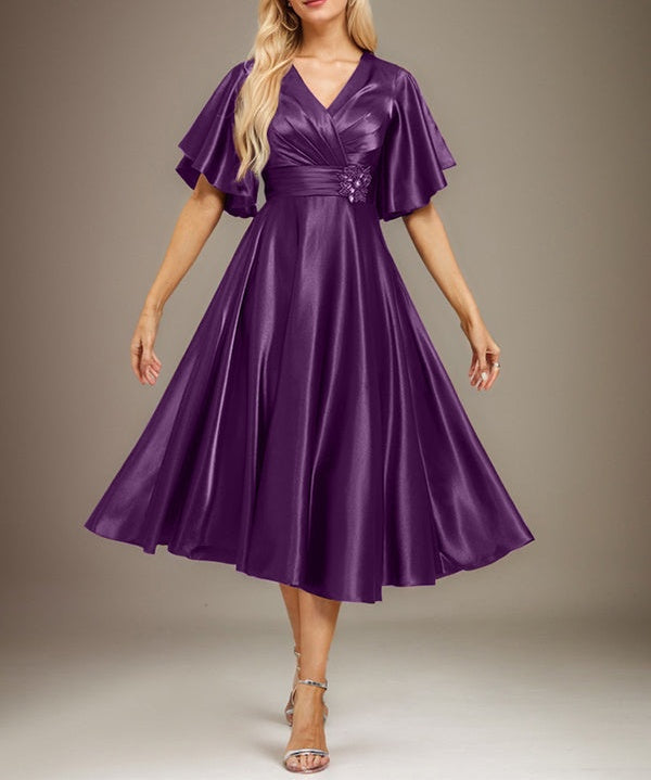 A-line V-Neck Tea-Length Stretch Satin Mother of the Bride Dress With Beading Pleated