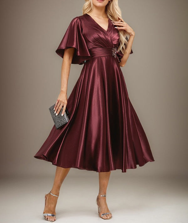 A-line V-Neck Tea-Length Stretch Satin Mother of the Bride Dress With Beading Pleated