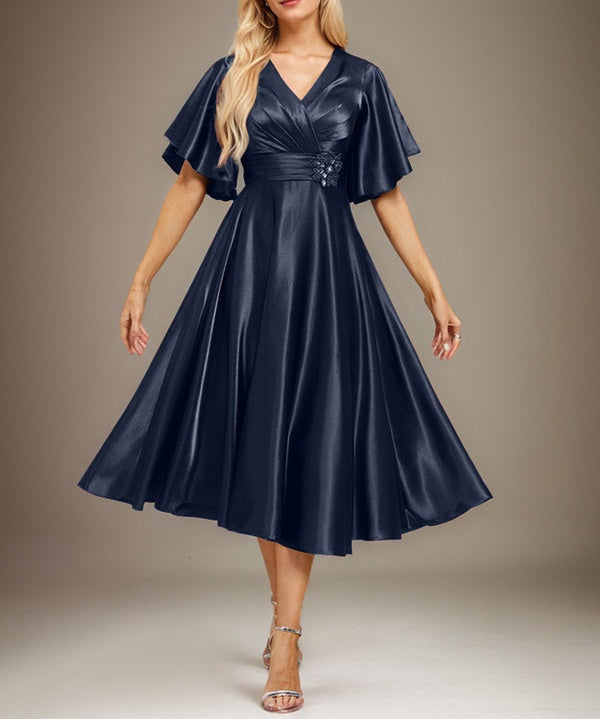 A-line V-Neck Tea-Length Stretch Satin Mother of the Bride Dress With Beading Pleated