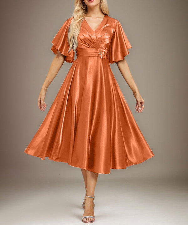 A-line V-Neck Tea-Length Stretch Satin Mother of the Bride Dress With Beading Pleated