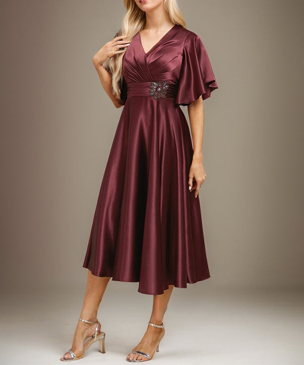 A-line V-Neck Tea-Length Stretch Satin Mother of the Bride Dress With Beading Pleated
