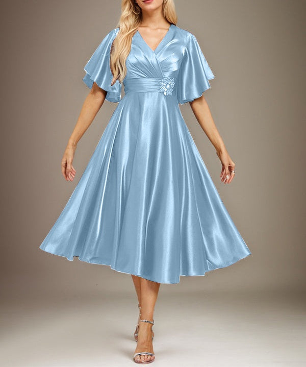 A-line V-Neck Tea-Length Stretch Satin Mother of the Bride Dress With Beading Pleated