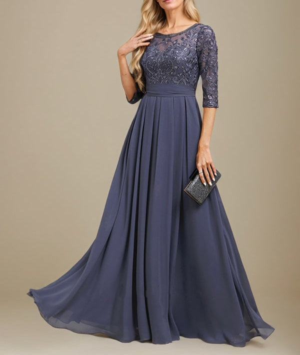 A-Line Scoop Floor-Length Lace Chiffon Mother Of the Bride Dress With Sequins Applique