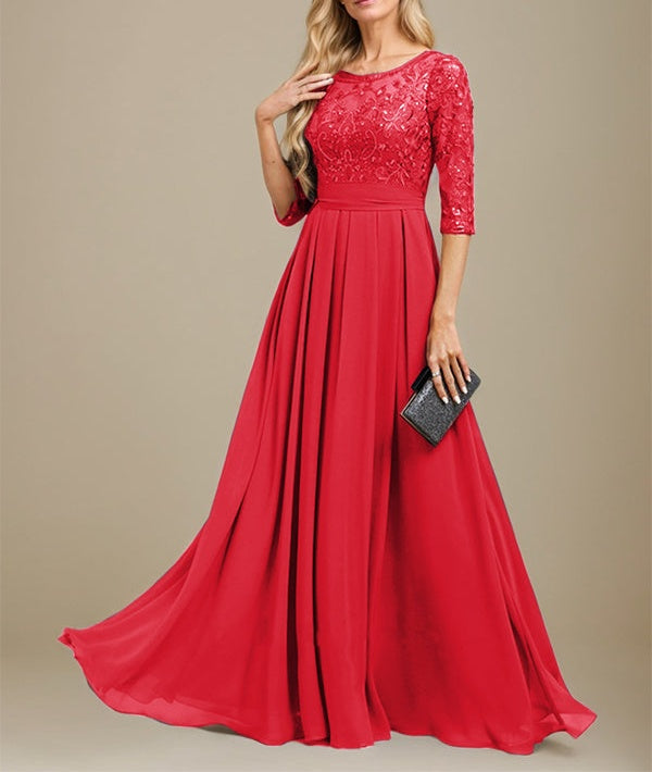 A-Line Scoop Floor-Length Lace Chiffon Mother Of the Bride Dress With Sequins Applique