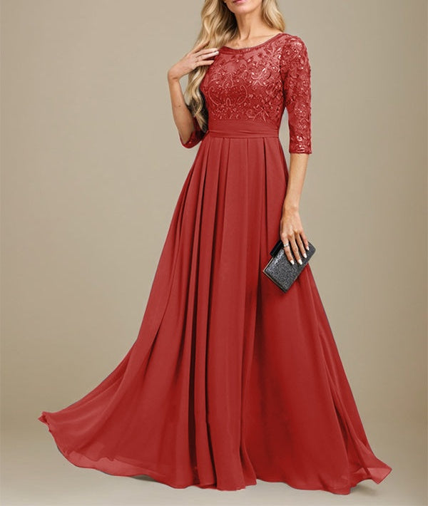 A-Line Scoop Floor-Length Lace Chiffon Mother Of the Bride Dress With Sequins Applique
