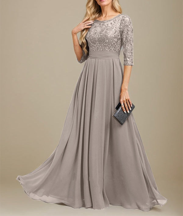 A-Line Scoop Floor-Length Lace Chiffon Mother Of the Bride Dress With Sequins Applique
