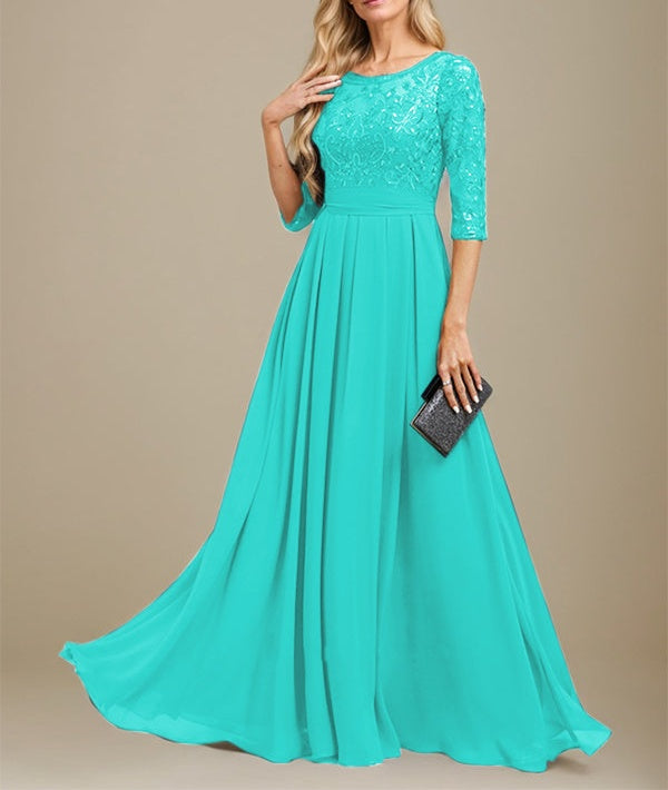 A-Line Scoop Floor-Length Lace Chiffon Mother Of the Bride Dress With Sequins Applique