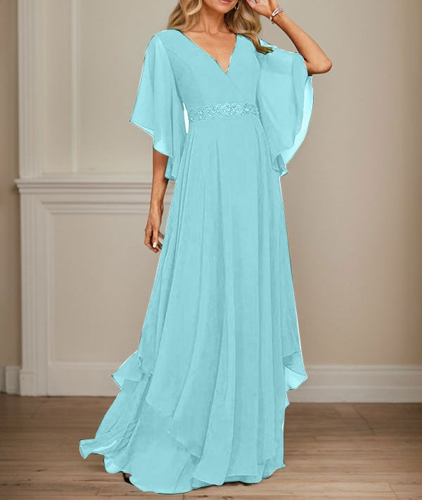 A-line V-Neck Floor-Length Chiffon Mother of the Bride Dress With Sequins Appliques Lace Beading
