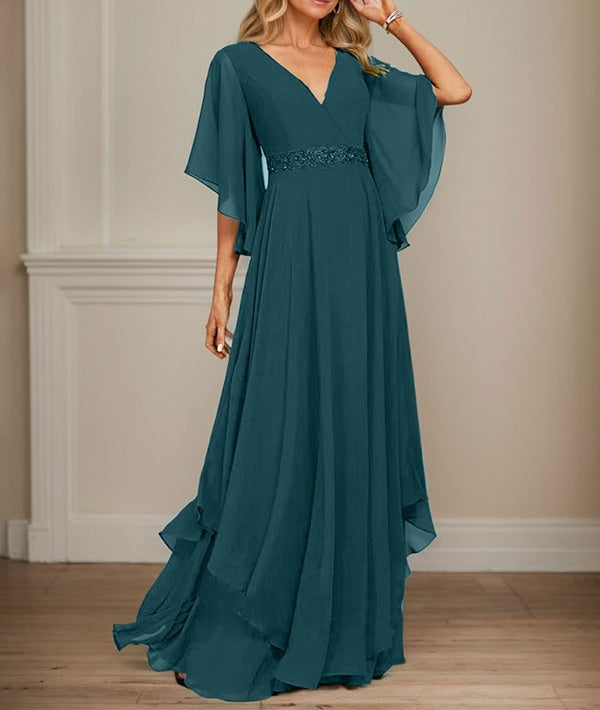 A-line V-Neck Floor-Length Chiffon Mother of the Bride Dress With Sequins Appliques Lace Beading