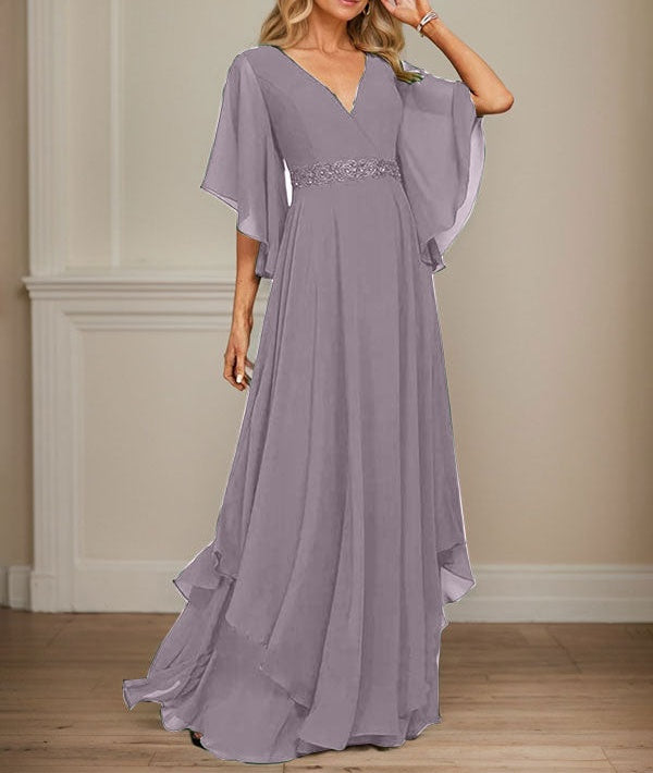 A-line V-Neck Floor-Length Chiffon Mother of the Bride Dress With Sequins Appliques Lace Beading