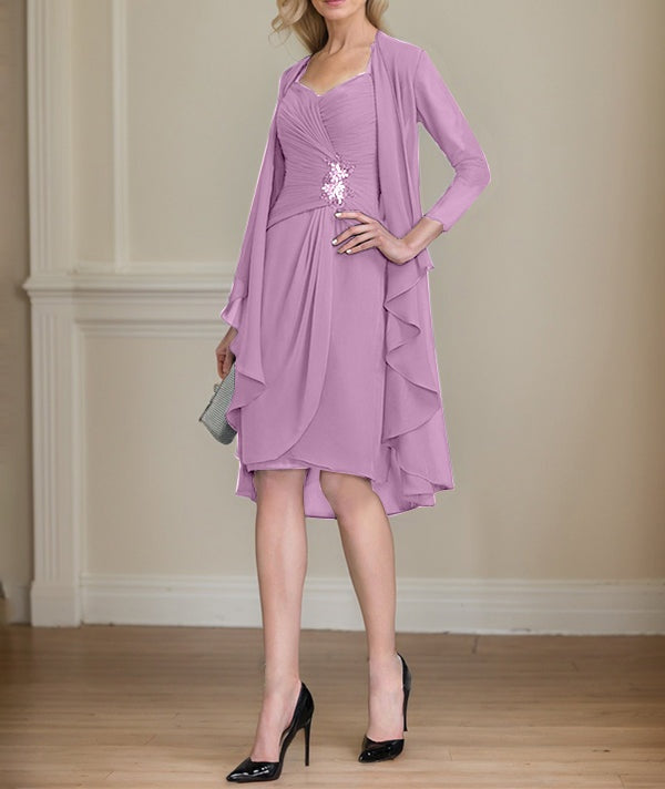 Sheath/Column Sweetheart Knee-Length Chiffon Mother of the Bride Dress With Beading Appliques Lace Sequins Pleated