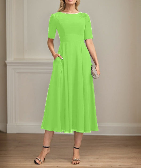 A-line Scoop Tea-Length Chiffon Mother of the Bride Dress With Appliques Lace Sequins