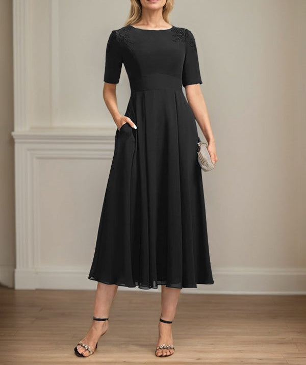 A-line Scoop Tea-Length Chiffon Mother of the Bride Dress With Appliques Lace Sequins