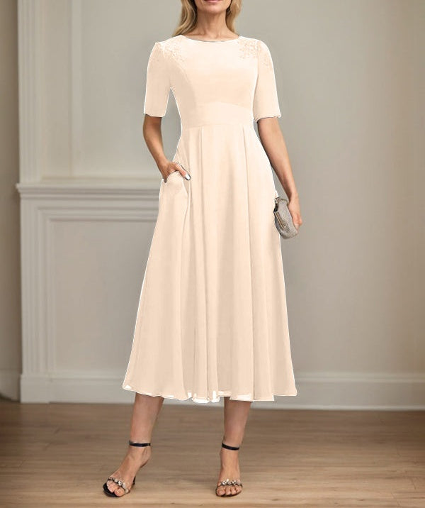 A-line Scoop Tea-Length Chiffon Mother of the Bride Dress With Appliques Lace Sequins