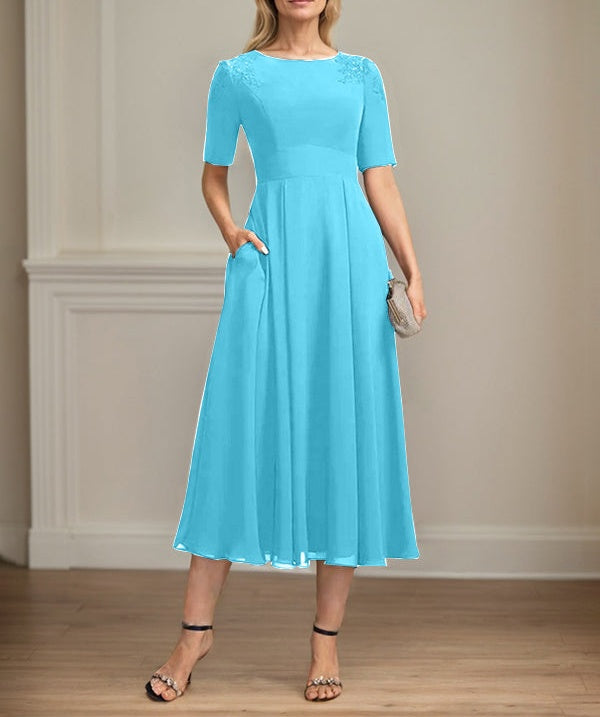 A-line Scoop Tea-Length Chiffon Mother of the Bride Dress With Appliques Lace Sequins