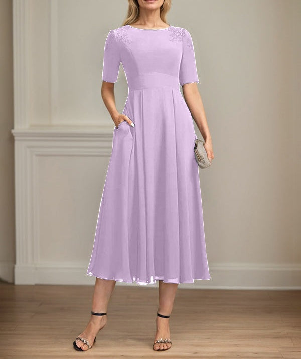 A-line Scoop Tea-Length Chiffon Mother of the Bride Dress With Appliques Lace Sequins