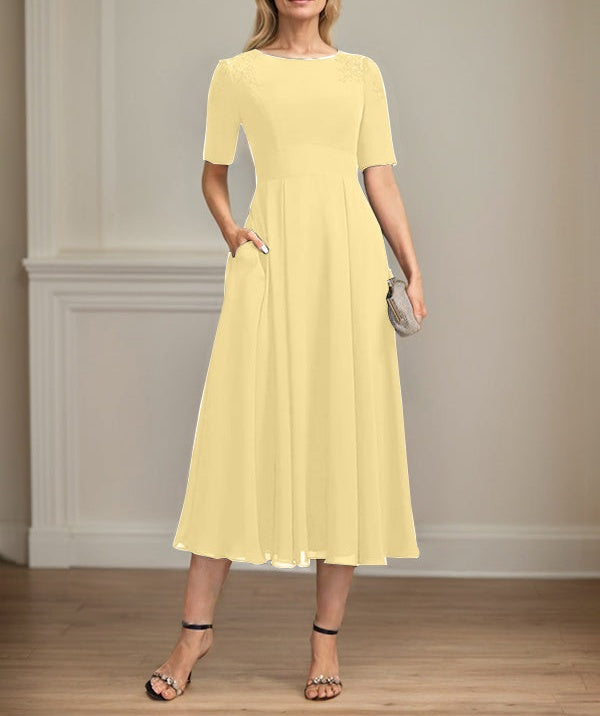 A-line Scoop Tea-Length Chiffon Mother of the Bride Dress With Appliques Lace Sequins