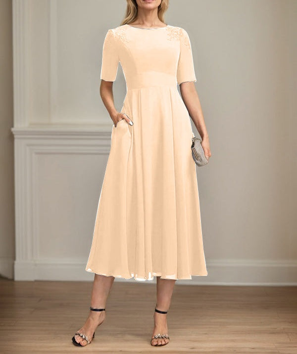 A-line Scoop Tea-Length Chiffon Mother of the Bride Dress With Appliques Lace Sequins