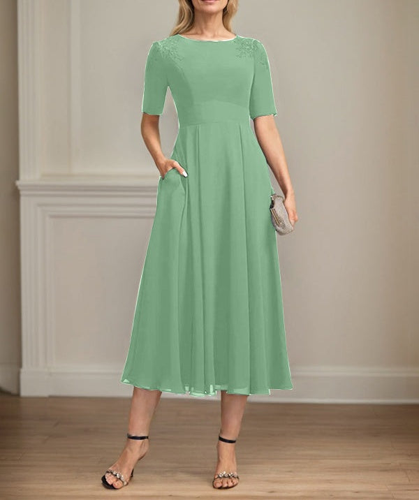 A-line Scoop Tea-Length Chiffon Mother of the Bride Dress With Appliques Lace Sequins