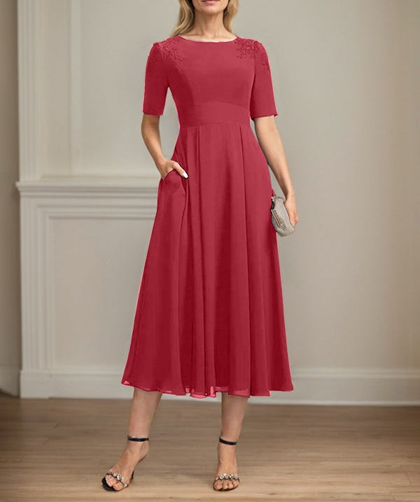 A-line Scoop Tea-Length Chiffon Mother of the Bride Dress With Appliques Lace Sequins
