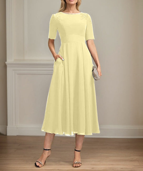 A-line Scoop Tea-Length Chiffon Mother of the Bride Dress With Appliques Lace Sequins