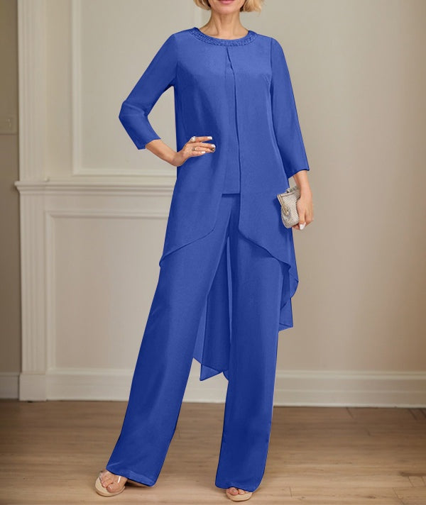 Separates Jumpsuit/Pantsuit Scoop Floor-Length Chiffon Mother of the Bride Dress With Sequins Beading
